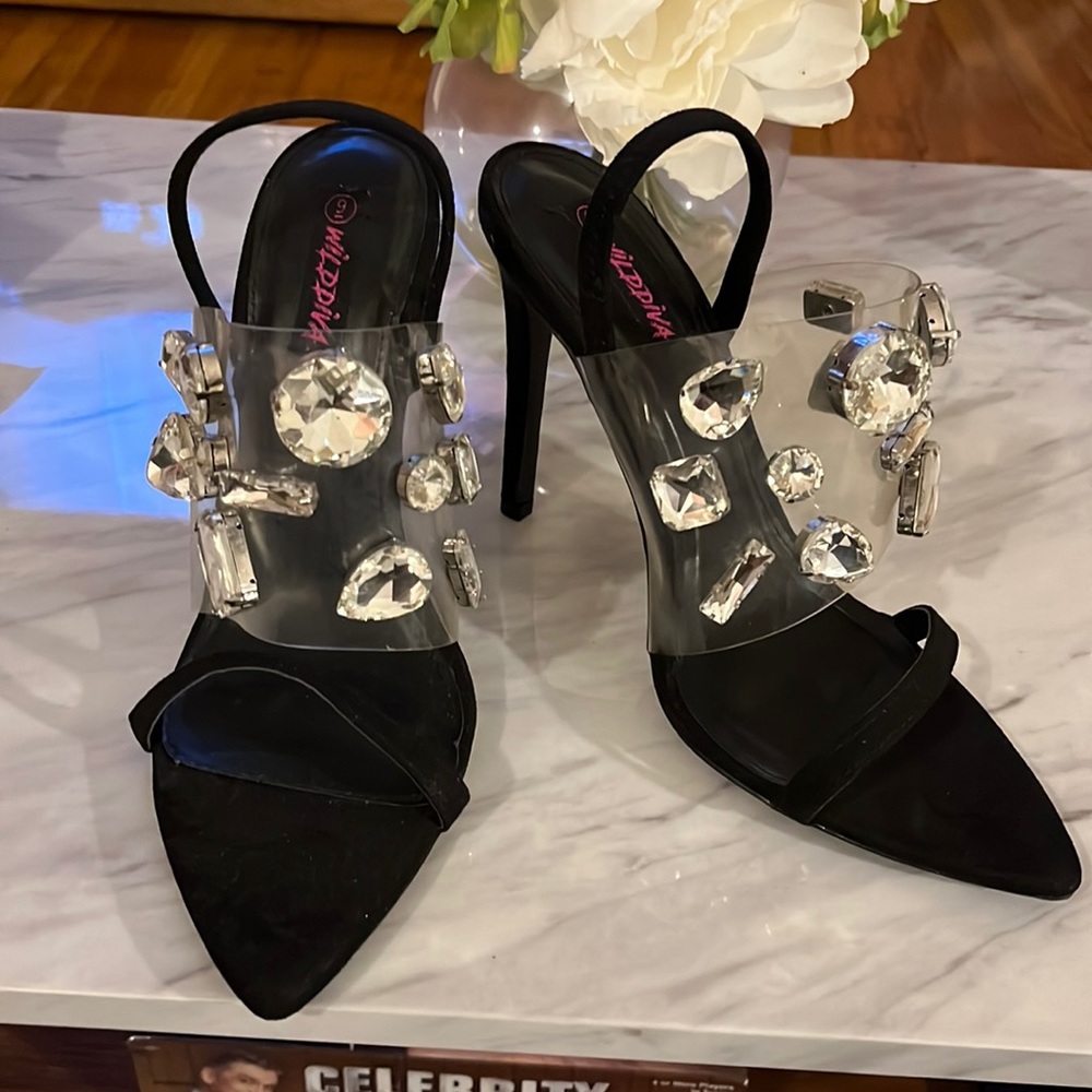 Clear Heels, 31/2 inch sandals. Big stones on front. Never worn
